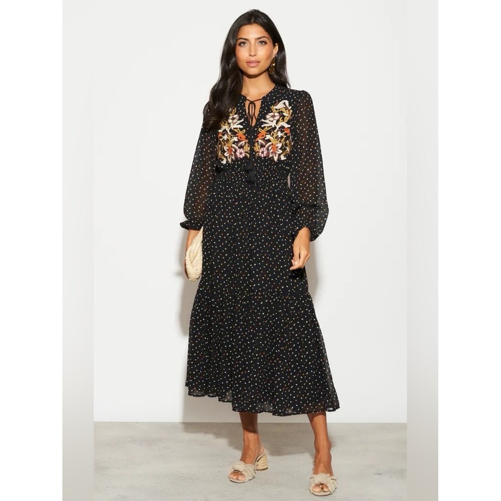 Rusttydustty Black Floral Embroidered Dot Maxi Dress 4XL Boho Tassel